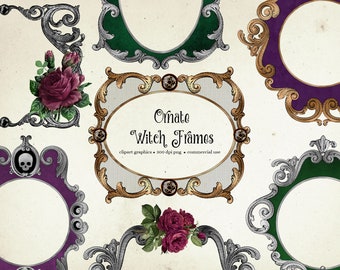 Imágenes prediseñadas de marcos de bruja ornamentados, pergaminos góticos barrocos (descarga digital)