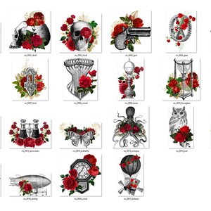 May include: A set of 20 digital clipart images featuring vintage style illustrations of various objects, including a top hat, skull, corset, lamp, hourglass, butterfly, bicycle, binoculars, octopus, owl, typewriter, cannon, airship, clock, and hot air balloon. Each image features a black and white illustration with red roses.
