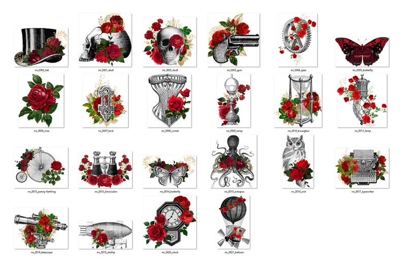 May include: A set of 20 digital clipart images featuring vintage style illustrations of various objects, including a top hat, skull, corset, lamp, hourglass, butterfly, bicycle, binoculars, octopus, owl, typewriter, cannon, airship, clock, and hot air balloon. Each image features a black and white illustration with red roses.