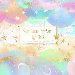 Rainbow Dream Borders - gráficos de arte de clip de lámina de oro y acuarela de descarga digital instantánea para uso comercial