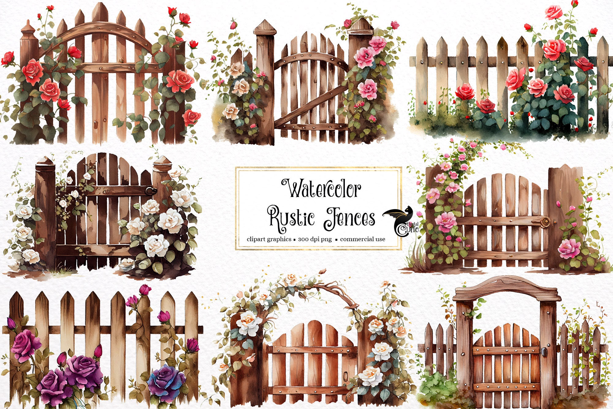 Acuarela rústica vallas de piquete Clipart - primavera floral formato PNG  descarga instantánea para uso comercial - Etsy México, image size:2000x1333