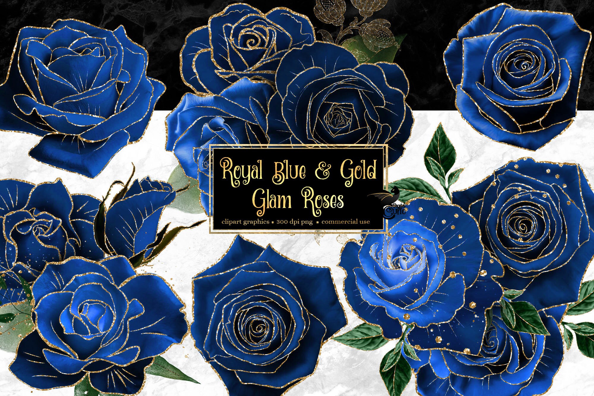 Royal Blue and Gold Glam Rose Clip Art Digital Instant - Etsy