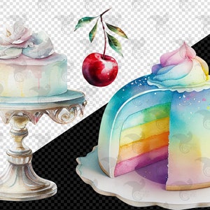 May include: Two watercolor cakes on white cake stands. One cake is white with pink frosting and a cherry on top. The other cake is a rainbow cake with blue frosting and sprinkles.