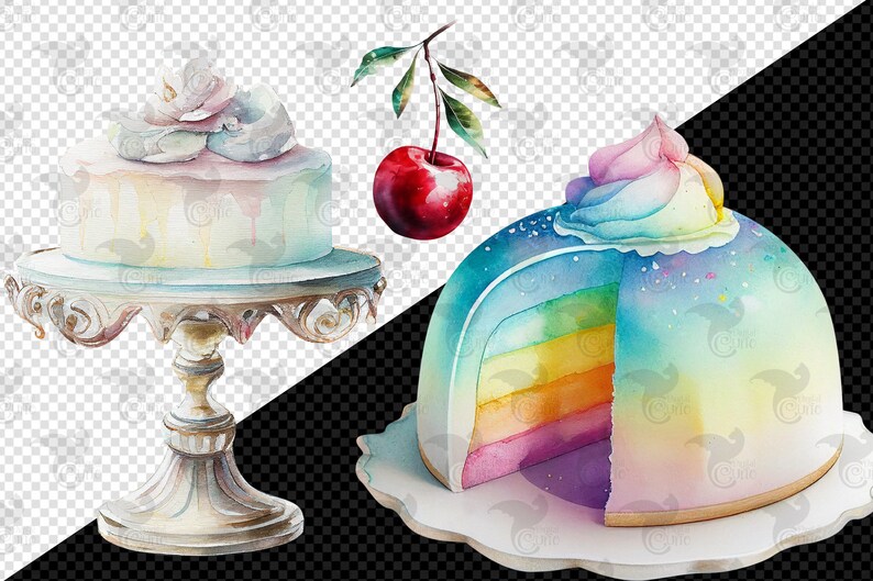 May include: Two watercolor cakes on white cake stands. One cake is white with pink frosting and a cherry on top. The other cake is a rainbow cake with blue frosting and sprinkles.