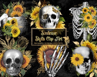 Sunflower Skull Elements, antique illustrations of human skulls and flowers PNG clipart instant download for commercial use