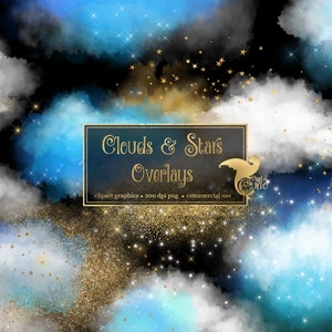 Wolken en sterren Clipart Overlays in PNG-formaat met aquarel en gouden glitter instant download voor commercieel gebruik