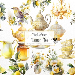 Aquarell Zitrone Tee Clipart, gelbe Teetassen, Gartentee Clip Art PNG Grafiken sofortiger Download für kommerzielle Nutzung