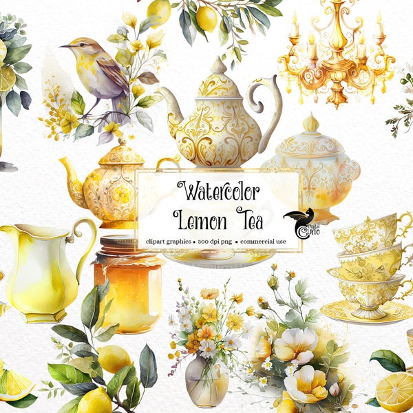 Watercolor Lemon Tea Clipart, yellow tea cups, garden tea clip art PNG graphics instant download for commercial use