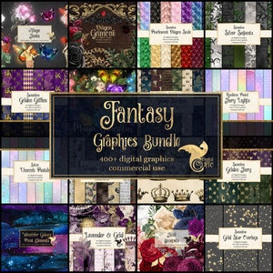 Pacote de gráficos de fantasia, clipart e texturas mágicas, pacote de gráficos de scrapbooking digital, clipart com desconto e papel digital