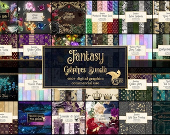 Könnte beinhalten: Ein digitales Grafikpaket mit Fantasy-Thema, das verschiedene Designs enthält. Das Bild zeigt eine Sammlung digitaler Kunst mit floralen, himmlischen und Fantasy-Elementen. Das Paket enthält über 400 digitale Grafiken für den kommerziellen Gebrauch.