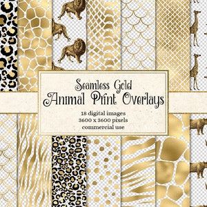 Gold Animal Print Pattern Overlays, seamless patterns, safari African animals transparent PNG overlays, instant download commercial use