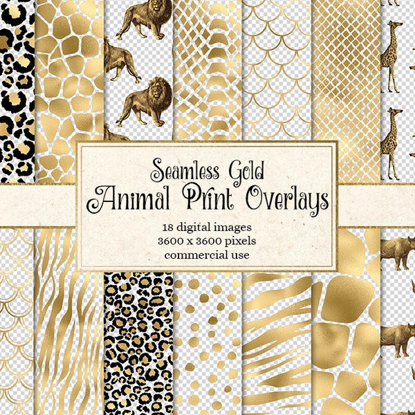 Gold Animal Print Pattern Overlays, seamless patterns, safari African animals transparent PNG overlays, instant download commercial use