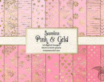 May include: A set of 18 digital seamless patterns in pink and gold. The patterns include polka dots, arrows, stars, crowns, damask, hearts, skulls, and more. The patterns are 3600 x 3600 pixels and are for commercial use.