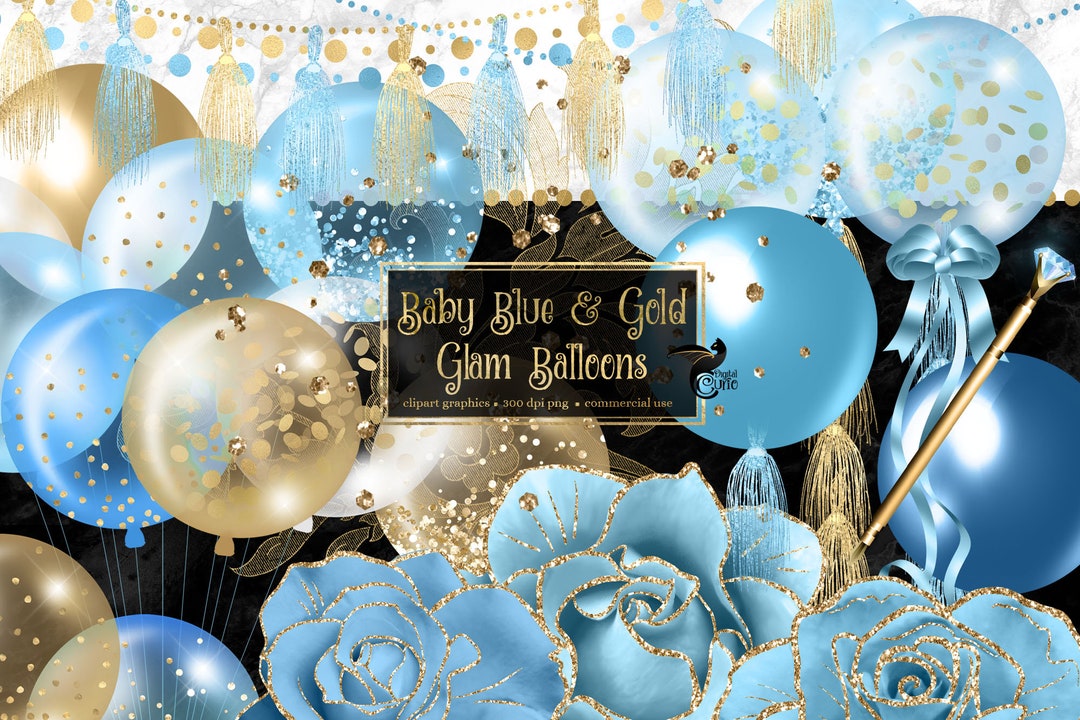 Baby Blue and Gold Glam Balloons Clipart Digital Clip Art Graphics for