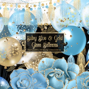 Baby Blau und Gold Glam Ballons Clipart - digitale Clip-Art-Grafiken für Party-Einladungen und kommerzielle Nutzungsdesigns