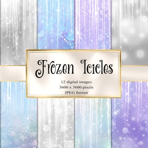Frozen Icicles Digital Paper - carta da scrapbook stampabile per sfondi invernali con ghiaccio e fiocchi di neve per uso commerciale