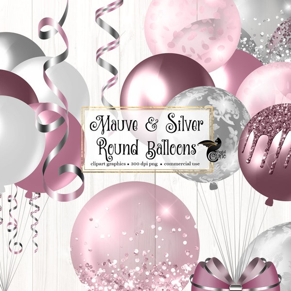 Mauve and Silver Round Balloons Clipart - digital clip art graphics for party invitations and commercial use designs