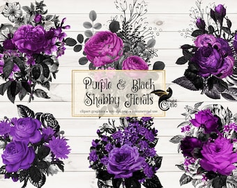 Lila schwarze Blumen Clip Art, Gothic Shabby Rosen (Digitaler Download)