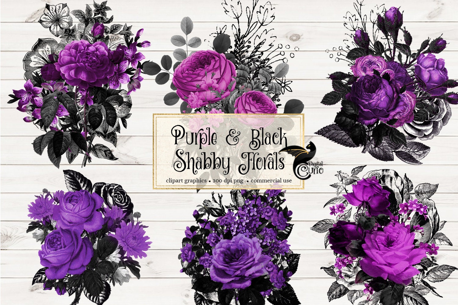 Purple and Black Shabby Floral Clip Art Digital Instant - Etsy