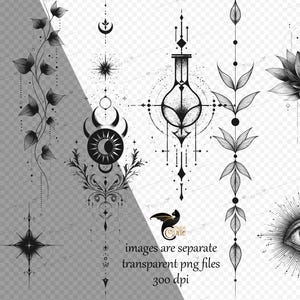 Op de afbeelding: Zwart-wit digitale illustraties van mystieke en botanische ontwerpen. De afbeeldingen bevatten een schedel, een lotusbloem, een zon en maan, en een oog, allemaal met ingewikkelde details. De tekst in de afbeelding luidt "images are separate transparent png files 300 dpi".