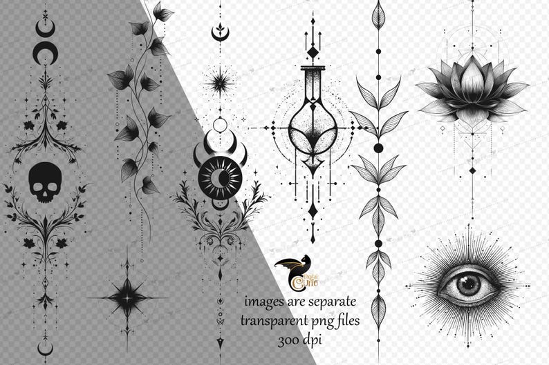 Op de afbeelding: Zwart-wit digitale illustraties van mystieke en botanische ontwerpen. De afbeeldingen bevatten een schedel, een lotusbloem, een zon en maan, en een oog, allemaal met ingewikkelde details. De tekst in de afbeelding luidt "images are separate transparent png files 300 dpi".