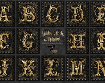 Puede incluir: Una colección de grabados cuadrados negros con letras doradas ornamentadas del alfabeto. Cada letra está enmarcada con un borde decorativo y sobre un fondo oscuro. El texto "Gilded Black Alphabet" se muestra en el centro.