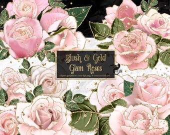 Blush and Gold Glam Rose Clip Art, digital instant download glitter flower png embellishments, pink rose, gold glitter roses