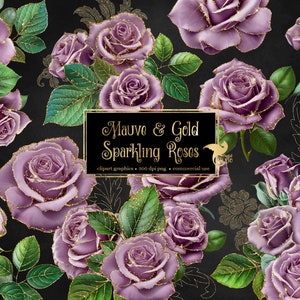 Lila und Gold Funkelnde Rosen Clip Art, digitaler sofortiger Download Glitzer Blume png Verzierungen, lila Rose, gold Glitzer Rosen