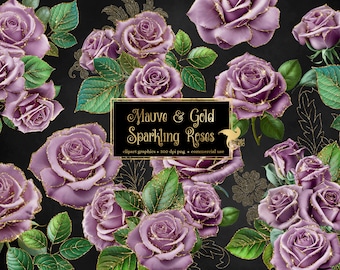 Mauve and Gold Glitter Roses Clip Art (Digital Download)