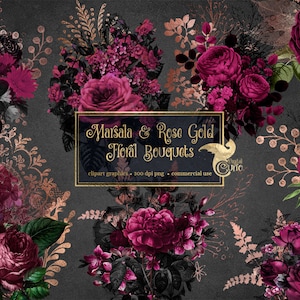Marsala en Rose Gold bloemenboeketten clipart, bordeaux digitale instant download vintage bloem png, antieke rozen commercieel gebruik