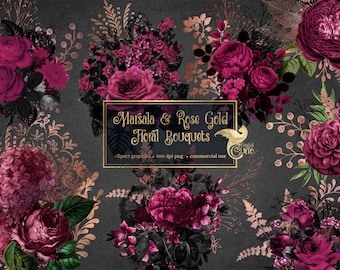 Marsala and Rose Gold Floral Bouquets clipart, burgundy digital instant download vintage flower png, antique roses commercial use