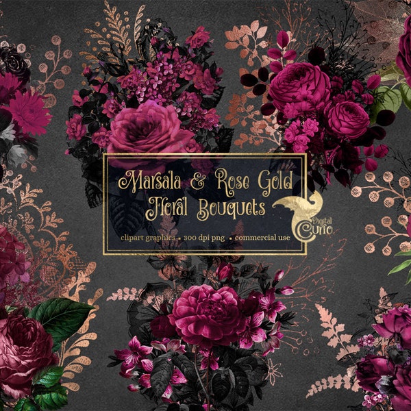 Marsala and Rose Gold Floral Bouquets clipart, burgundy digital instant download vintage flower png, antique roses commercial use