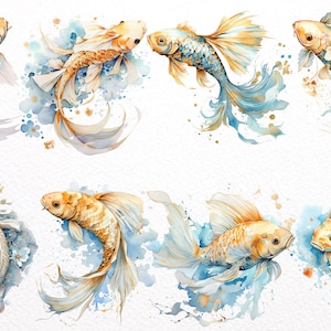 Puede incluir: Pintura de acuarela de ocho peces dorados con acentos azules y dorados. Los peces nadan en un fondo de acuarela azul y blanco con salpicaduras de pintura dorada.