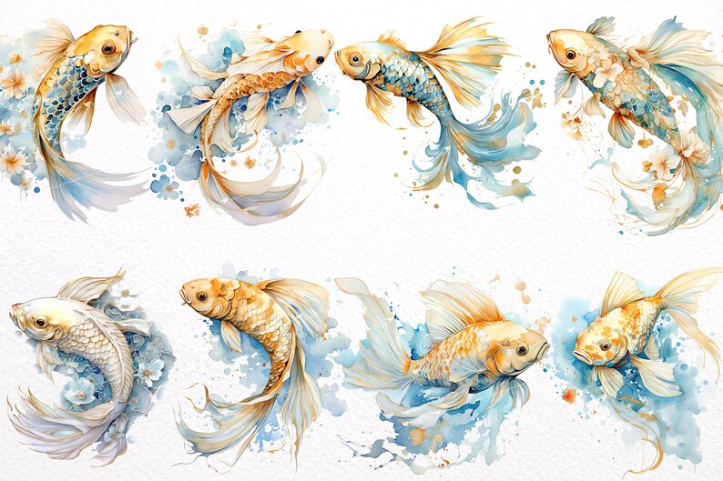 Puede incluir: Pintura de acuarela de ocho peces dorados con acentos azules y dorados. Los peces nadan en un fondo de acuarela azul y blanco con salpicaduras de pintura dorada.
