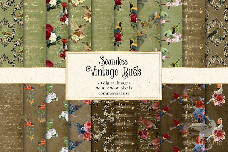 seamless antique bird printable scrapbook paper and rustic backgrounds for commercial use Vintage Birds Digital Paper