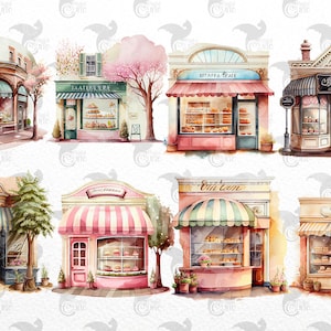 Watercolor Bakery Storefronts Clipart cute bakery shop cafe PNG format instant download for commercial use image 2