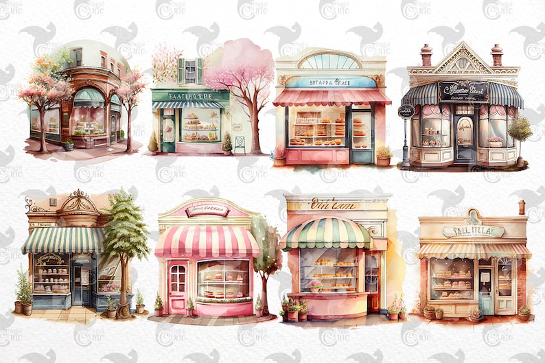 Watercolor Bakery Storefronts Clipart cute bakery shop cafe PNG format instant download for commercial use image 2