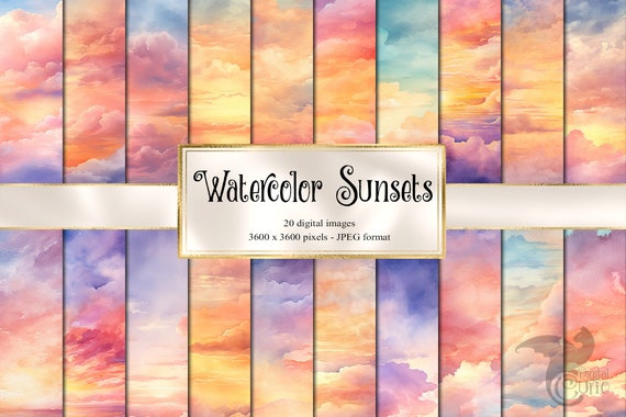 Watercolor Sunset Digital Paper, printable scrapbook paper instant download for commercial use