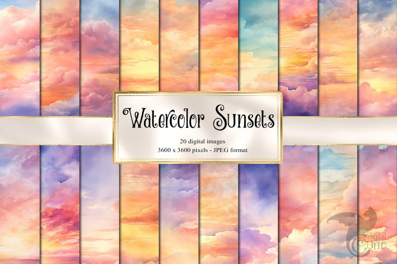 May include: A digital paper pack of 20 watercolour sunset sky backgrounds. The images are 3600 x 3600 pixels and in JPEG format. The colours are soft and dreamy, with shades of pink, orange, yellow, and blue.