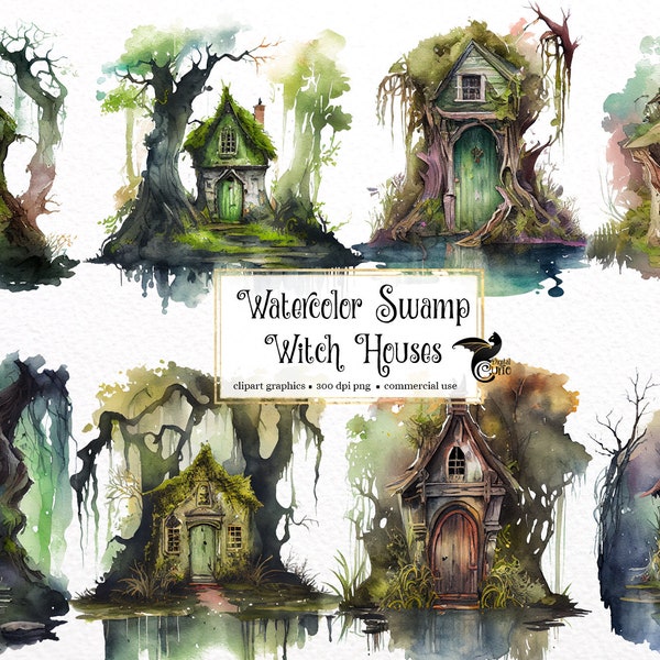 Watercolor Swamp Witch Houses Clipart - cute bayou witch hut PNG format instant download for commercial use