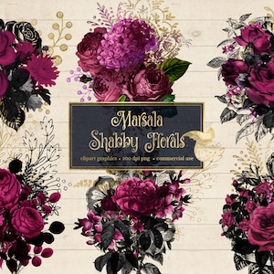 Marsala Shabby Floral Clip Art, burgundy and gold digital instant download vintage flower png embellishments, antique roses commercial use