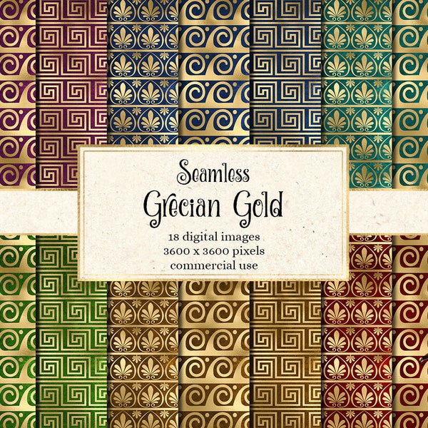 Grecian Gold digital paper, seamless Greek key patterns and Roman motif backgrounds instant download for commercial use