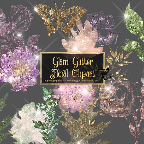 Glam Glitter Floral Clip Art - digital clipart with sparkles and glitter flowers in png format for commercial use