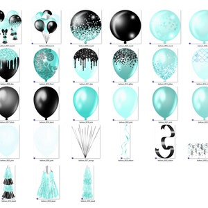 Puede incluir: Un conjunto de 30 im&aacute;genes digitales con varios globos turquesa y negros, confeti, lazos y serpentinas. Estas im&aacute;genes son perfectas para crear invitaciones de fiesta, decoraciones y otros proyectos digitales.