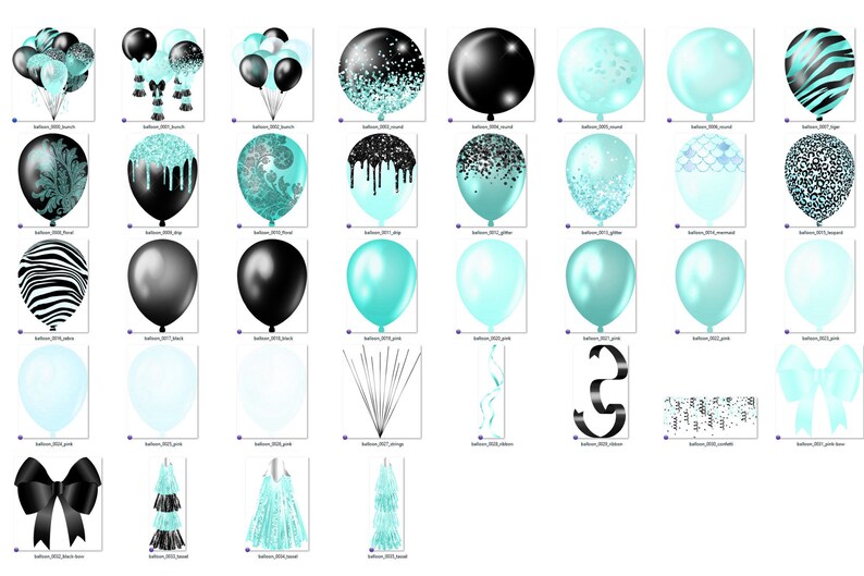 Puede incluir: Un conjunto de 30 im&aacute;genes digitales con varios globos turquesa y negros, confeti, lazos y serpentinas. Estas im&aacute;genes son perfectas para crear invitaciones de fiesta, decoraciones y otros proyectos digitales.