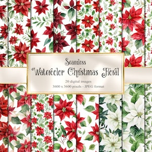 Conjunto de papel digital floral de Natal em aquarela - papel de scrapbook imprimível com padrões perfeitos de Natal para uso comercial