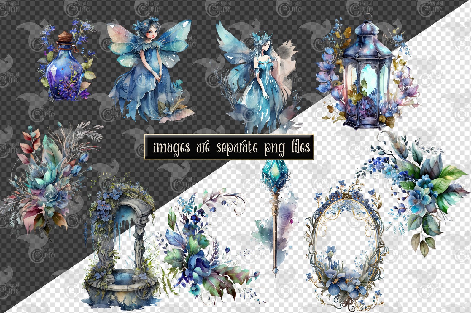 Watercolor Blue Fairy Clipart – Floral Fantasy Graphics (PNG, Digital ...