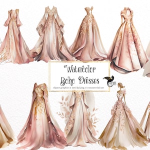 Watercolor Boho Dresses Clipart - fantasy wedding gown PNG format instant download for commercial use