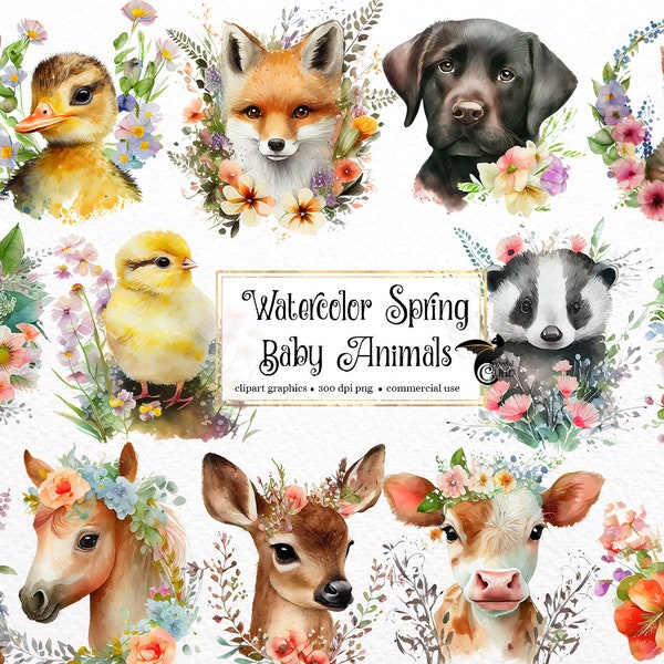 Watercolor Spring Baby Animals Clipart - animals with floral bouquets in PNG format instant download for commercial use