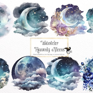 Watercolor Moon Clipart – Fantasy Galaxy PNG Images (Digital Download)